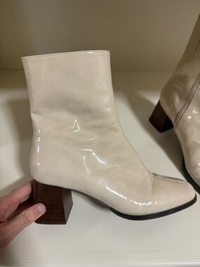 Sezane Cream Patent Leather Block Heel Ankle Boots